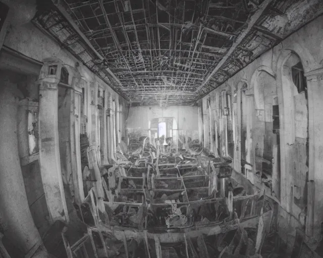 Image similar to camera footage of a group of survivors huddled in an abandoned church, high exposure, dark, monochrome, camera, grainy, CCTV, security camera footage, timestamp, zoomed in, fish-eye lense,