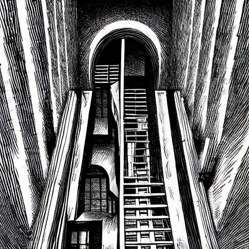 Prompt: a huge bright maze of many doorways and lots of stairs, artstation, Junji Ito, epic composition