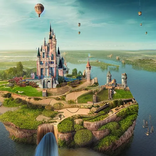 Prompt: the disney castle surrounded by giant palm trees on a giant floating island in the sky, giant realistic light bulb glowing in the sky, cinematic, digital art by erik johansson, 8 k resolution, hyper detailed, sharp focus