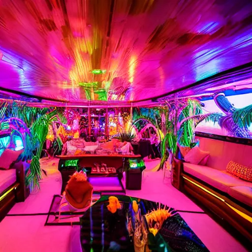 Image similar to vice media photo, inside a crowded luxury stylish high-end gorgeous intricate highly-themed synthwave tiki party onboard a yacht with low ceilings, tropical plants, neon lights, blue color scheme with pink and orange accents, crowd of people dancing, ultra-detailed, 8k, photorealistic