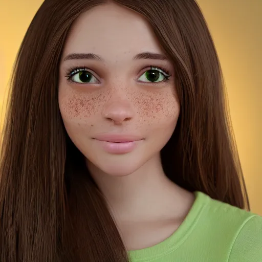 Image similar to Render of April, a cute 3D young woman, long shiny bronze brown hair, full round face, green eyes, medium skin tone, light cute freckles, light blush, smiling softly, wearing casual clothing, interior lighting, cozy living room background, medium shot, mid-shot, hyperdetailed, hyperreal, trending on Artstation, Unreal Engine, 4k