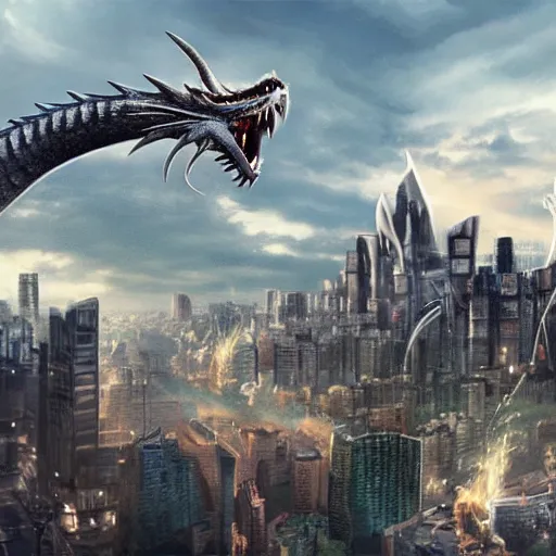 Prompt: a dragon being looked by a lot of people in a city, photorealistic