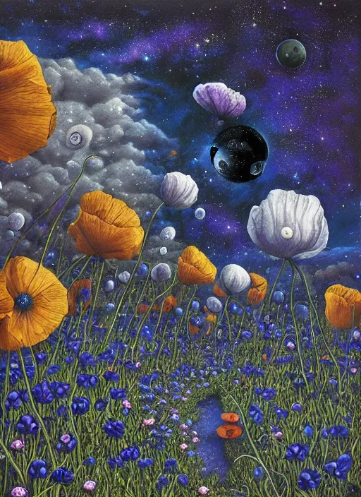 Image similar to detailed, intricate blue black and purple papaverum flower on the field, nebula, galaxy in the sky, winning award masterpiece, fantastically beautiful, illustration, aestheticly inspired, jacek yerka, upscale with anguissola sofonisba work, artstation, 8 k