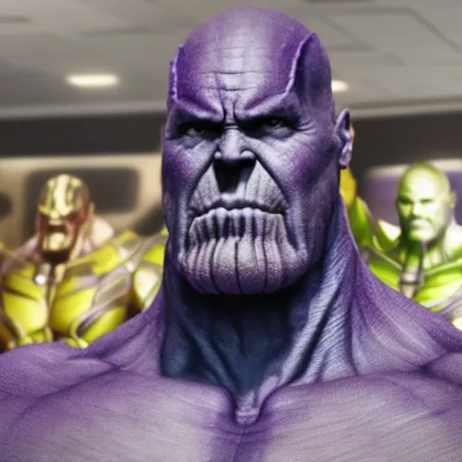 Image similar to thanos looking for his mom at walmart