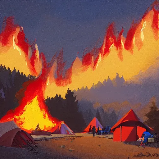 Prompt: a camp with tents on fire, burning down, shadows of 3 girls watching the camp burn, snow, painted by Sylvain Sarrailh