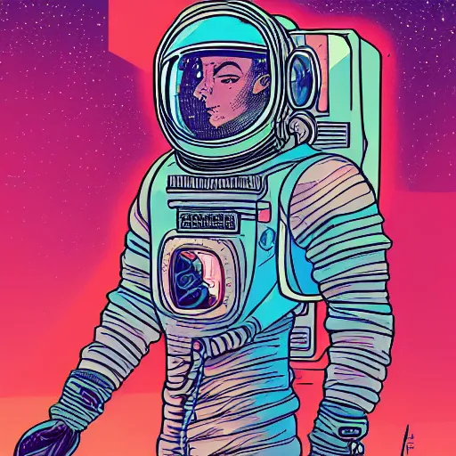 Prompt: a detailed illustration of a cyberpunk astronaut in the style of moebius, pastell colors