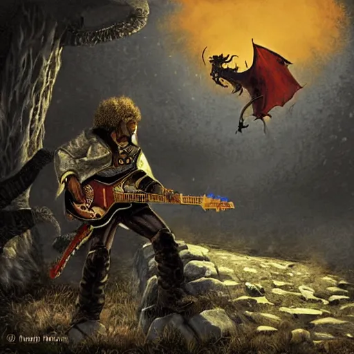 Image similar to jimi hendrix is a guard in skyrim protecting whiterun from a dragon by keith thompson