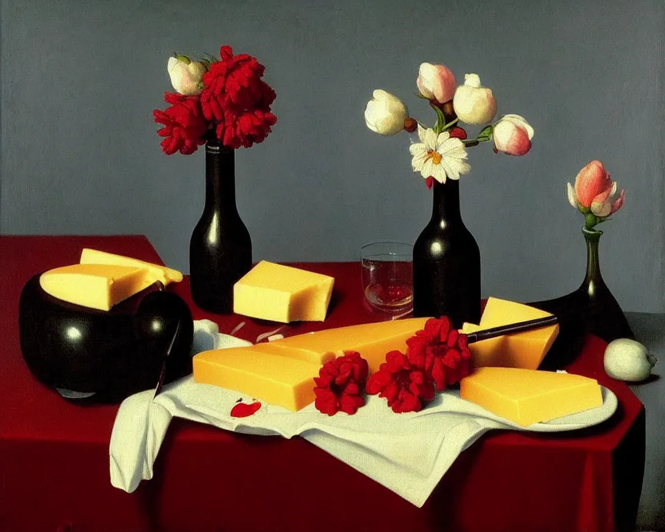 Prompt: an achingly beautiful still life featuring blooming flowers, tillamook cheese, and red wine on a table with a black background by Raphael, Hopper, and Rene Magritte. detailed, romantic, enchanting, trending on artstation.