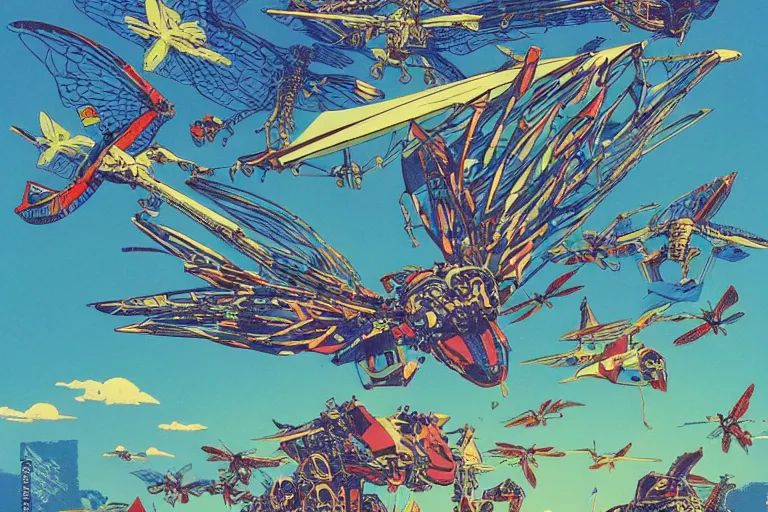 Image similar to gigantic mecha arzach birds with dragonflies, tiny rats, a lot of exotic animals around, big human faces everywhere, helicopters and tremendous birds, risograph drawing by satoshi kon and moebius, matte summer blue colors, surreal psychedelic design, 4 k