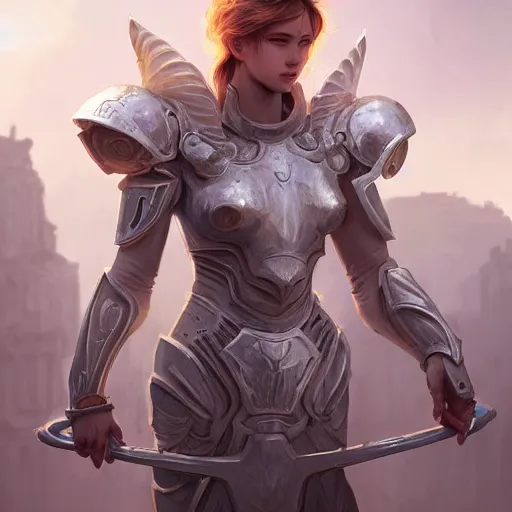 Image similar to portrait young knights of Zodiac girl, matt white color armor, in ruined Agora of Athens Sunrise, ssci-fi and fantasy, intricate and very beautiful and elegant, highly detailed, digital painting, artstation, concept art, smooth and sharp focus, illustration, art by tian zi and WLOP and alphonse mucha