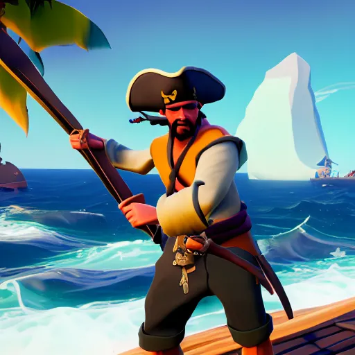 Prompt: a pirate sharpening his sword in sea of thieves, 8 k