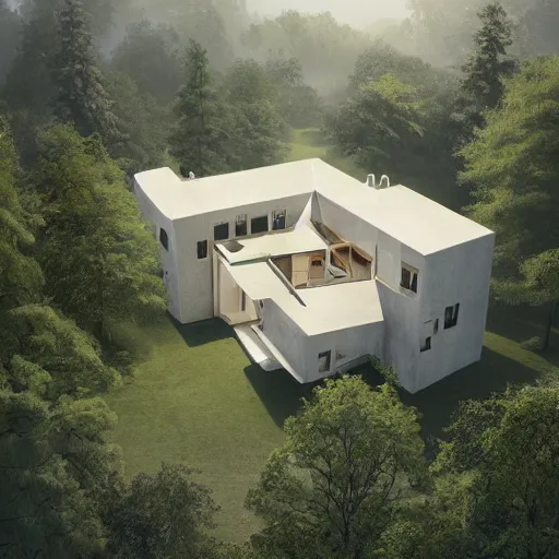 Prompt: beige rectangular house built around big central garden, on a hill surrounded by big trees, dramatic lighting, artstation, matte painting, raphael lacoste, simon stalenhag, frank lloyd wright, zaha hadid, drone view