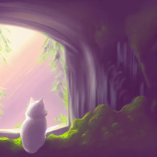 Image similar to a beautiful landscape including a waterfall and a forest through a window, cat sitting on the edge of the window, illustration, digital art, trending on artstation, no signature