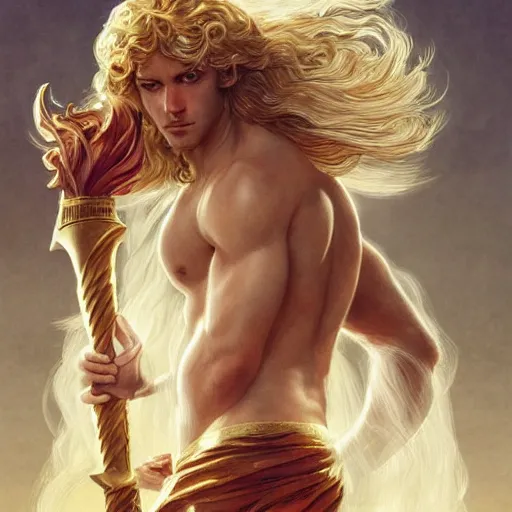 Prompt: Apollo the pale blond Greek God league of legends on his day off, long fluffy curly blond hair with Center parted curtain bangs, highly detailed, digital painting, artstation, concept art, golden ratio composition, smooth, sharp focus, illustration, ArtStation, art by artgerm and greg rutkowski and alphonse mucha and Edmund Blair Leighton and Charlie Bowater