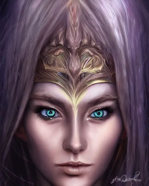 Prompt: beautiful female elf with shimmering hair, symmetrical face and eyes, by Jana Schirmer, cgsocietym Elden Ring