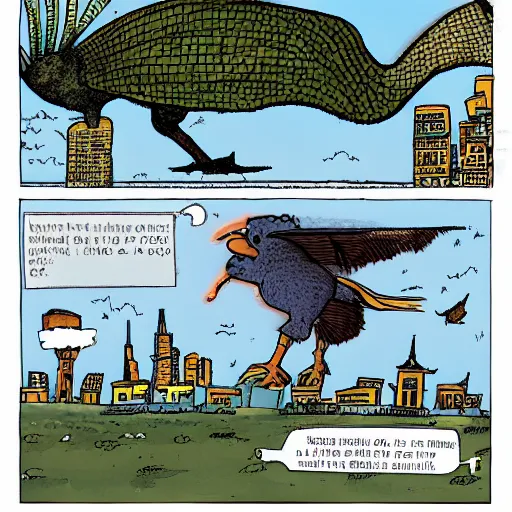 Prompt: giant kiwi bird destroying a city
