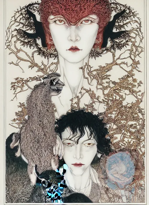 Image similar to boy, girl and a goat, by austin osman spare and Takato Yamamoto and Vania Zouravliov, high resolution