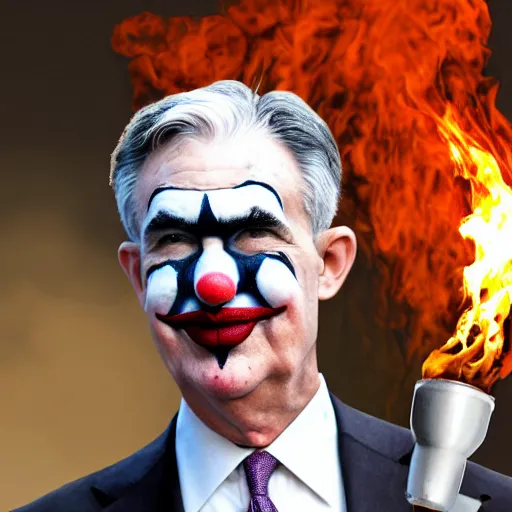 Image similar to detailed photo of Jerome Powell with whiteface clown makeup using a flamethrower projecting a long flame, highly-detailed