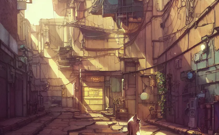 Prompt: low angle shot of a cat stretching in an alleyway in a space opera cyberpunk studio ghibli animated film, volumetric lighting, octane render by anime, stanley artgerm lau, greg rutkowski, thomas kindkade, alphonse mucha, loish, norman rockwel, highly detailed