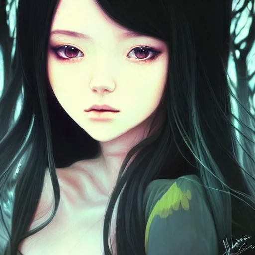 Prompt: a beautiful girl with long dark hair, wearing a black outfit, forest background, intricate, highly detailed, digital painting, artstation, official media, anime key visual, concept art, rich vivid colors, ambient lighting, sharp focus, illustration, art by Artgerm, Makoto Shinkai, Ilya Kuvshinov, Lois Van Baarle, and Rossdraws