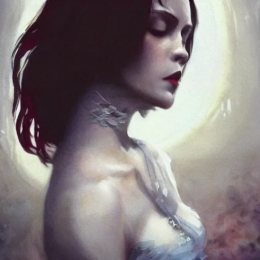 Prompt: majestic gracious regal aristocratic brunette female vampire portrait, indoors setting, atmospheric lighting!!, painted, menacing, intricate, beautiful, rich deep colours masterpiece!!, ( golden hour ), sharp focus!, ultra detailed, by leesha hannigan, ross tran, thierry doizon, kai carpenter, ignacio fernandez rios