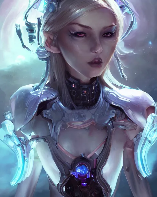 Image similar to holy cyborg necromancer girl, elegant, perfect face, scifi, futuristic, utopia, garden, illustration, atmosphere, top lighting, blue eyes, white hair, focused, artstation, highly detailed, art by yuhong ding and chengwei pan and serafleur and ina wong