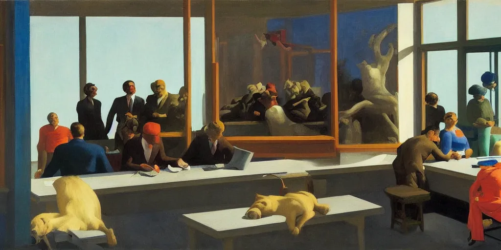 Image similar to painting, view from inside edward hopper's painting nighthawks, of a group of werebears inside a gallery, by magrirre, by neo rauch