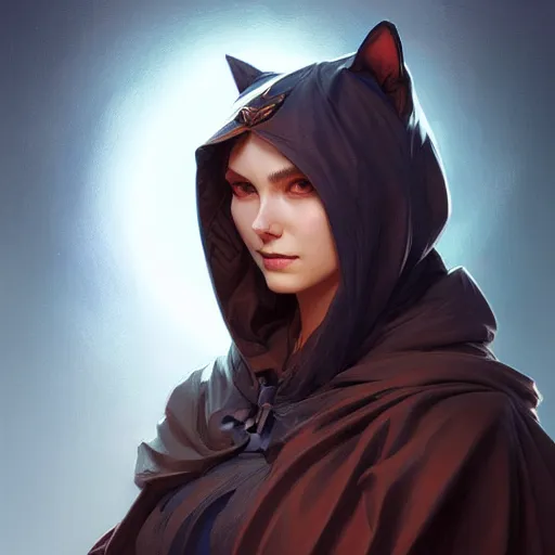 Prompt: portrait of cat wizard wearing a hood, face, fantasy, intricate, elegant, highly detailed, digital painting, artstation, concept art, smooth, sharp focus, illustration, art by artgerm and greg rutkowski and alphonse mucha