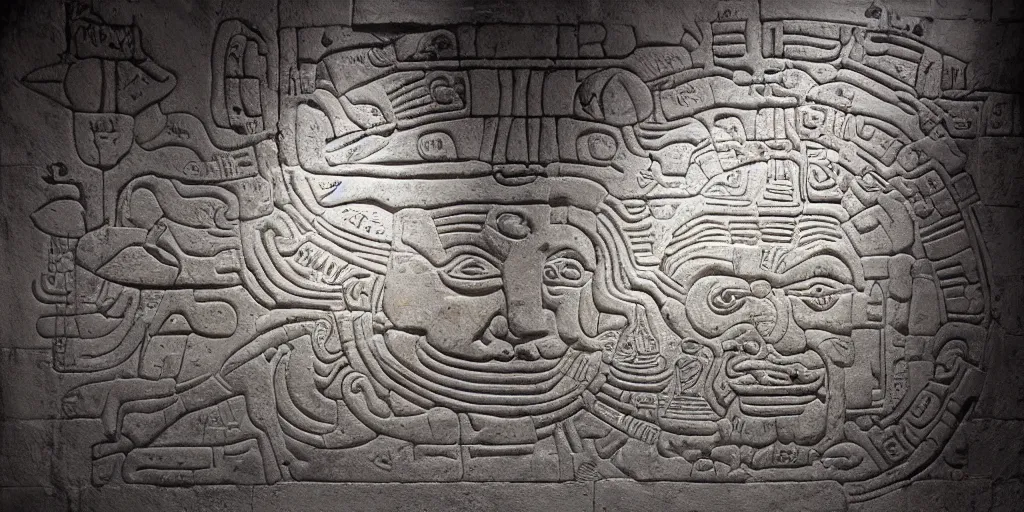 Image similar to pascal votan the space navigator as etched in stone, Mayan hieroglyph by Liam Wong and Boris Vallejo