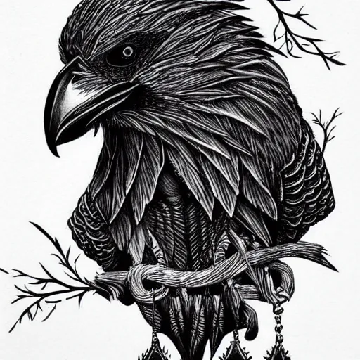 Image similar to mystical raven, black ink on paper, trending on artstation, beautiful, intricate, detailed