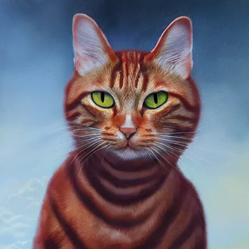 Prompt: red tabby cyborg cat with red eyes and smoke coming from his ears, realistic oil painting