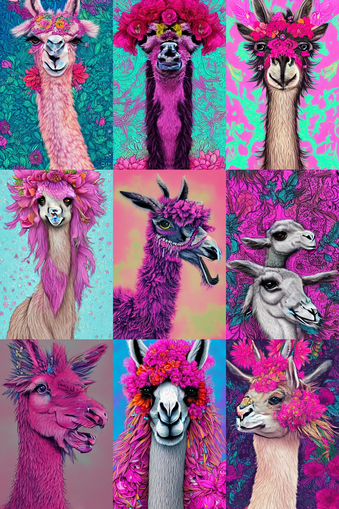 Prompt: Anthro Llama Portrait, magical, flowers, bright pink highlights, detailed intricate ink illustration, Llama, dark atmosphere, detailed illustration, hd, 4k, digital art, overdetailed art, concept art, art noveau, Llama, Trending on artstation, deviantart, watched, faved, read