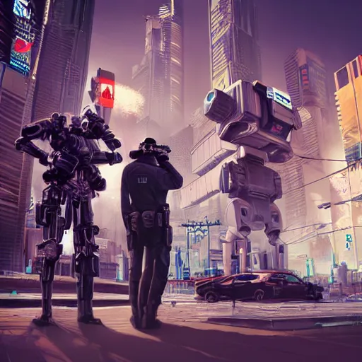 Image similar to realistic, symmetrical, cyberpunk city, man and women in love in a gunfight with robot police.