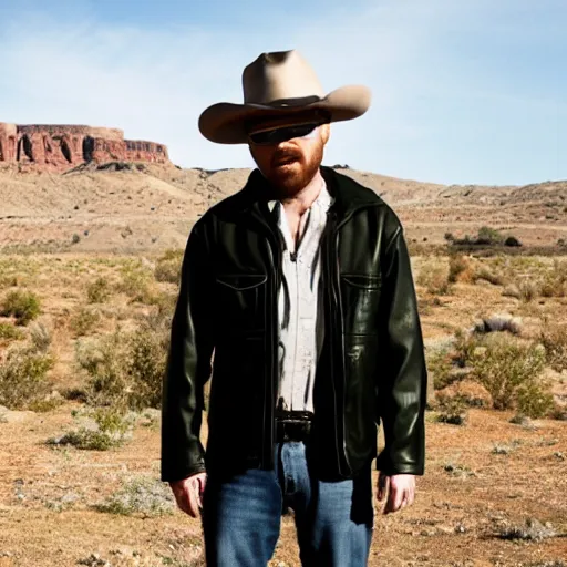 Image similar to Live Action Still of Aaron Paul dressed as Walter White, real life, hyperrealistic, ultra realistic, realistic, highly detailed, epic, HD quality, 8k resolution, body and headshot, film still