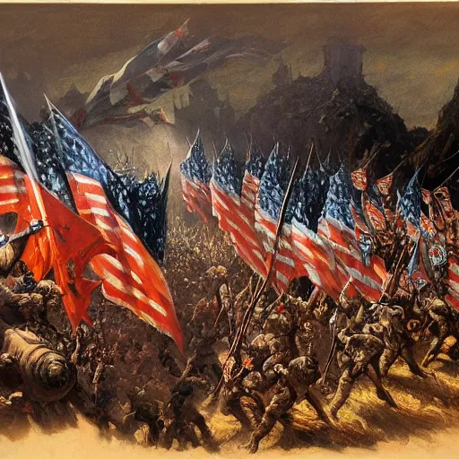 Image similar to an army of undead liches marching over a hill with flag bearers and trumpeters, intricate detail, royo, vallejo, frazetta, whealan,