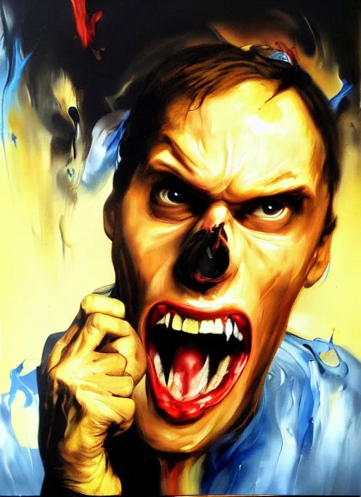 Prompt: jerma985 screeching, rage face, furious, spit flying from mouth, motion blur, smeared face, arms thrown up painting by phil hale!!! hd high quality