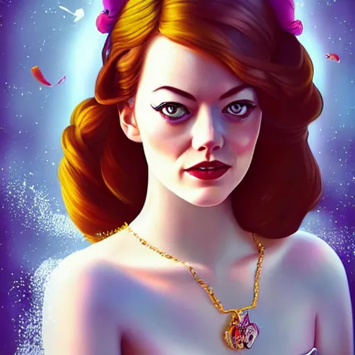 Image similar to digital painting of Emma Stone as a Disney princess wearing snow white's dress, Pixar style, professional studio lightening, volumetric lightening, photorealism by Tristan Eaton Stanley Artgerm and Tom Bagshaw