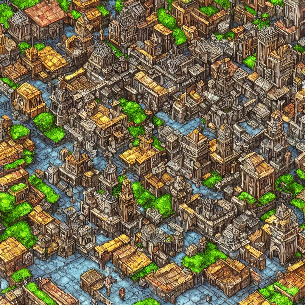 Prompt: city with marketplace and town hall isometric view, tileset, dungeons and dragons art by d. a. trampier, d & d tabletop miniature