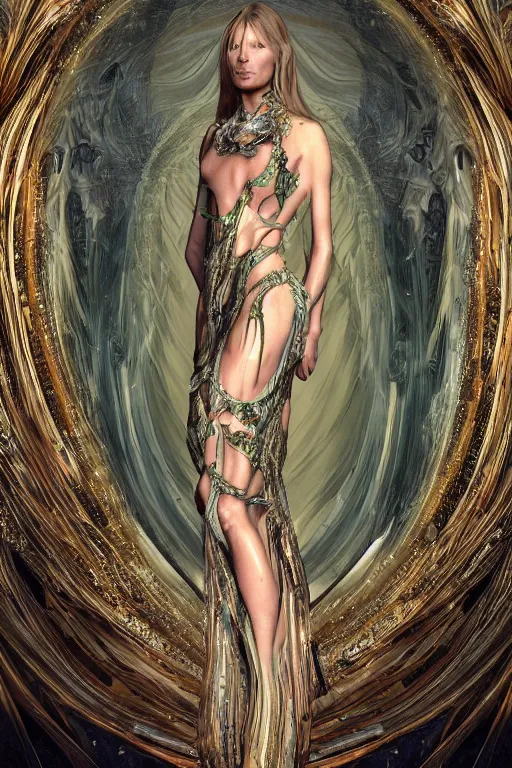 Image similar to a realistic moody photo of a beautiful ancient alien woman goddess kate moss nymph standing in iris van herpen dress jewelery and fractals in style of alphonse mucha art nuvo dmt trending on artstation made in unreal engine 4