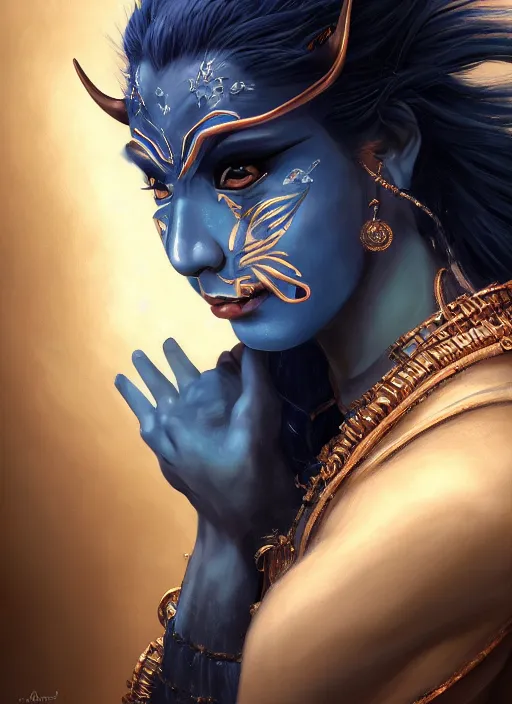 Image similar to a beautiful detailed oil on copper art illustration of a japanese blue devil mask woman, centered, by charlie bowater, zeng fanzh, trending on artstation, dim dusk lighting, cinematic lighting, detailed lighting, volumetric lighting, realistic, f 8, 4 k hd wallpaper