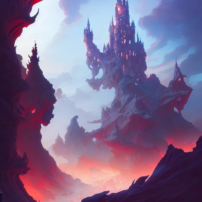 Image similar to style artgerm, joshua middleton, jesper ejsing, twisted castle in hell, very long wirey spires, fire swirling, detailed, cave setting, volumetric lighting