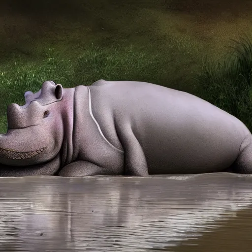 Prompt: sad anthropomorphic hippo just waking up in a wonderful river landscape, trending on artstation