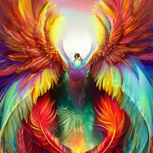 Image similar to cute flying chinese phoenix, sparkling bird eyes, embers in her bird eyes, shining rainbow feathers, sharp features, flowing fiery multicolor feathers, highly detailed, digital painting, artstation, concept art, smooth, sharp focus, beautiful rainbow feathers, expressive eyes, illustration, phoenix art by Artgerm and greg rutkowski