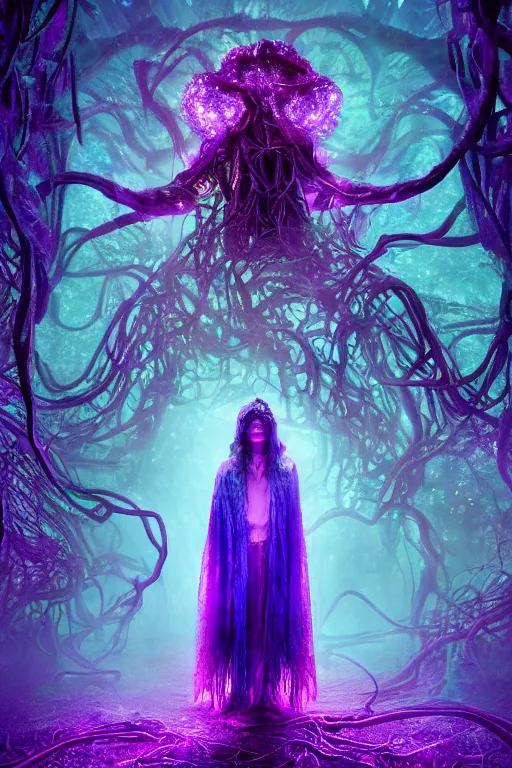 Prompt: mysterious Shaman of the Purple Forest, neon light blue cloak, mycelium, fungi, vines, symmetrical features, illusion, magical realism, ultradetailed, volumetric lighting, 4k UHD, film poster.