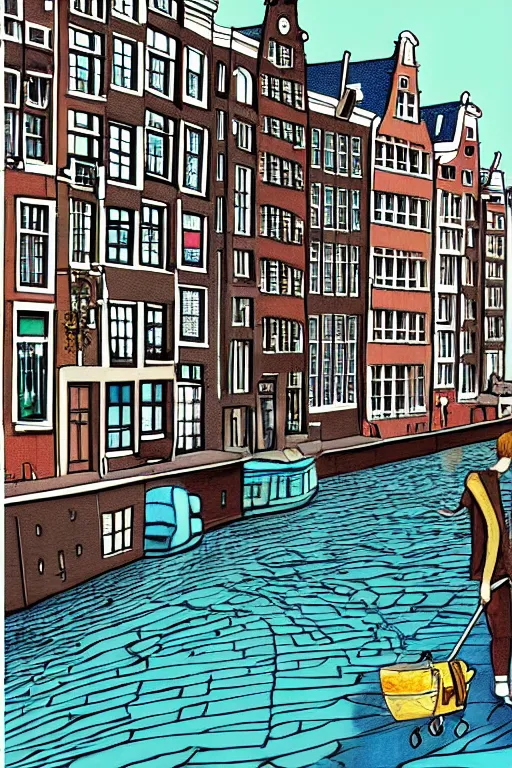 Image similar to alone in amsterdam, realistic, art by jacqueline e, color by tafy laplanche, background by bo feng lin