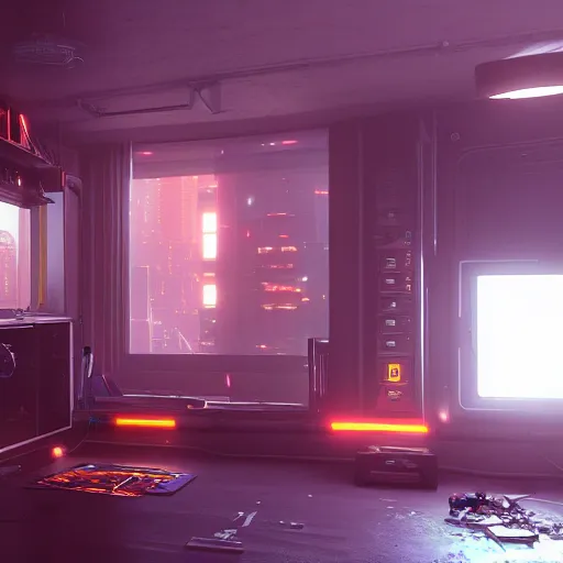 Image similar to the cyberpunk apartment, render, octane, 4k, highly detailed, vivid colors, high definition, by James Gilleard