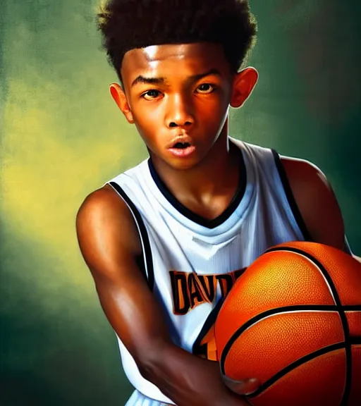Prompt: portrait of a boy at a basketball court playing basketball wearing a basketball jersey in a basketball court standing near the basketball hoop, intense emotion, detailed facial expression, detailed surroundings, intricate, elegant, highly detailed, centered, digital painting, artstation, concept art, smooth, sharp focus, illustration, by (Leonardo da Vinci), WLOP