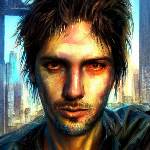 Image similar to cyberpunk, closeup portrait of a young shaggy cyberpunk citizen, eye bags, three day stubble, ex junkie, dramatic light, city background, sunset, dystopian setting, high contrast, sharp, neuromancer, henry dorsett case, painted by stanley lau, painted by greg rutkowski, painted by stanley artgerm, digital art, trending on artstation