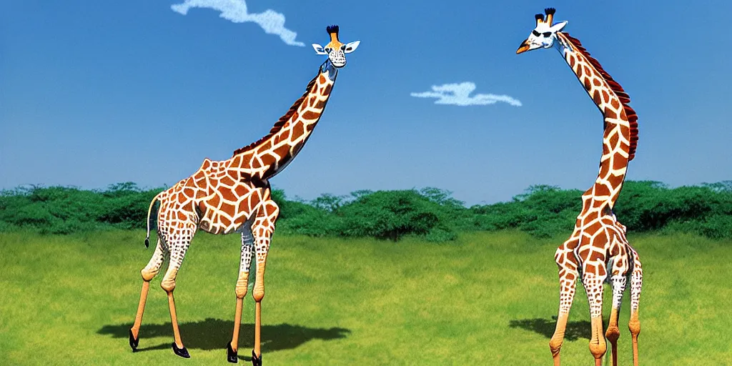 Prompt: giraffe with big blue feathered wings on its back, full body shot, wings, by studio ghibli