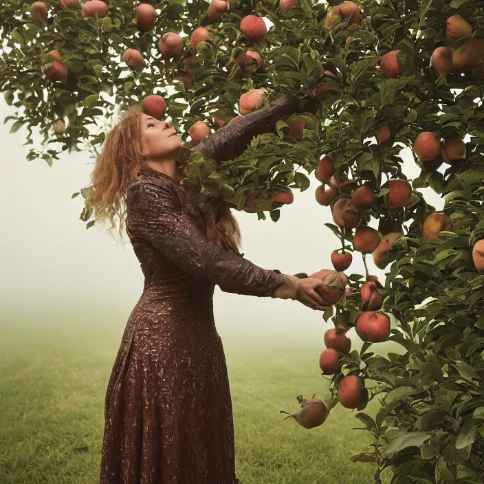 Image similar to a closeup portrait of a woman wearing a metal plate dress made of iron and copper, picking apples from a tree in an orchard, foggy, moody, photograph, by vincent desiderio, canon eos c 3 0 0, ƒ 1. 8, 3 5 mm, 8 k, medium - format print